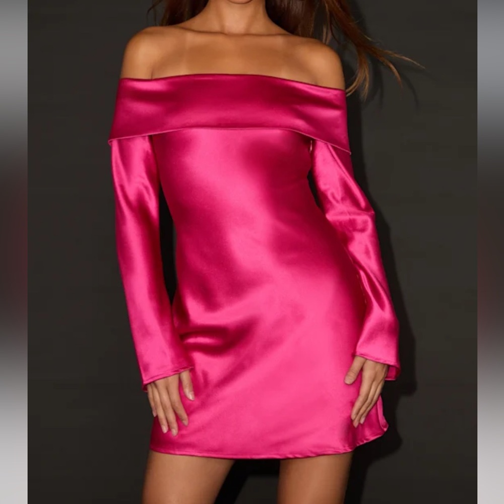 Lulus Luxurious Vision Satin Off The Shoulder Mini Dress Pink Long Sleeve Sz XL